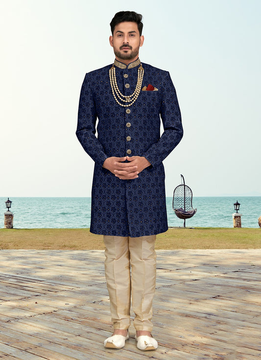 Hand Embroidery Silk Navy Blue Sherwani - M6798