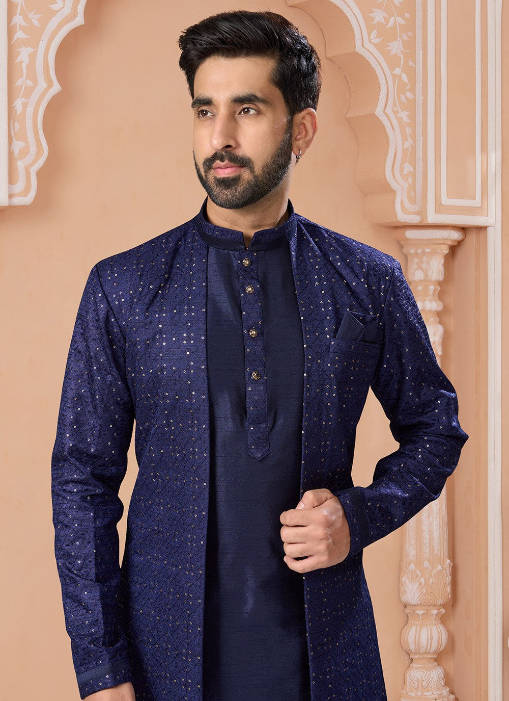 Machine Embroidery Silk Navy Blue Indo Western Sherwani - M7155