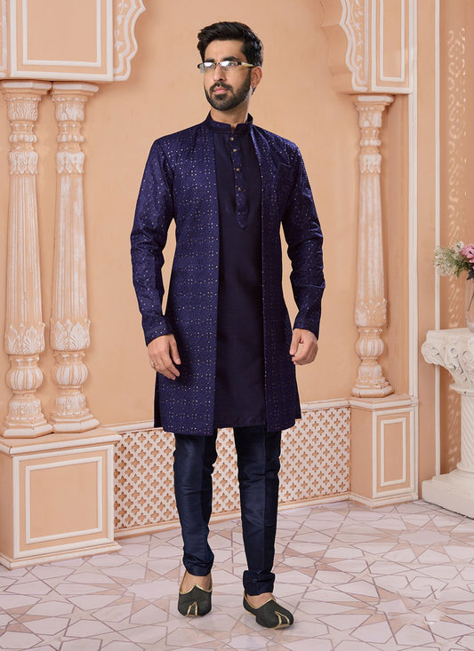 Machine Embroidery Silk Navy Blue Indo Western Sherwani - M7155