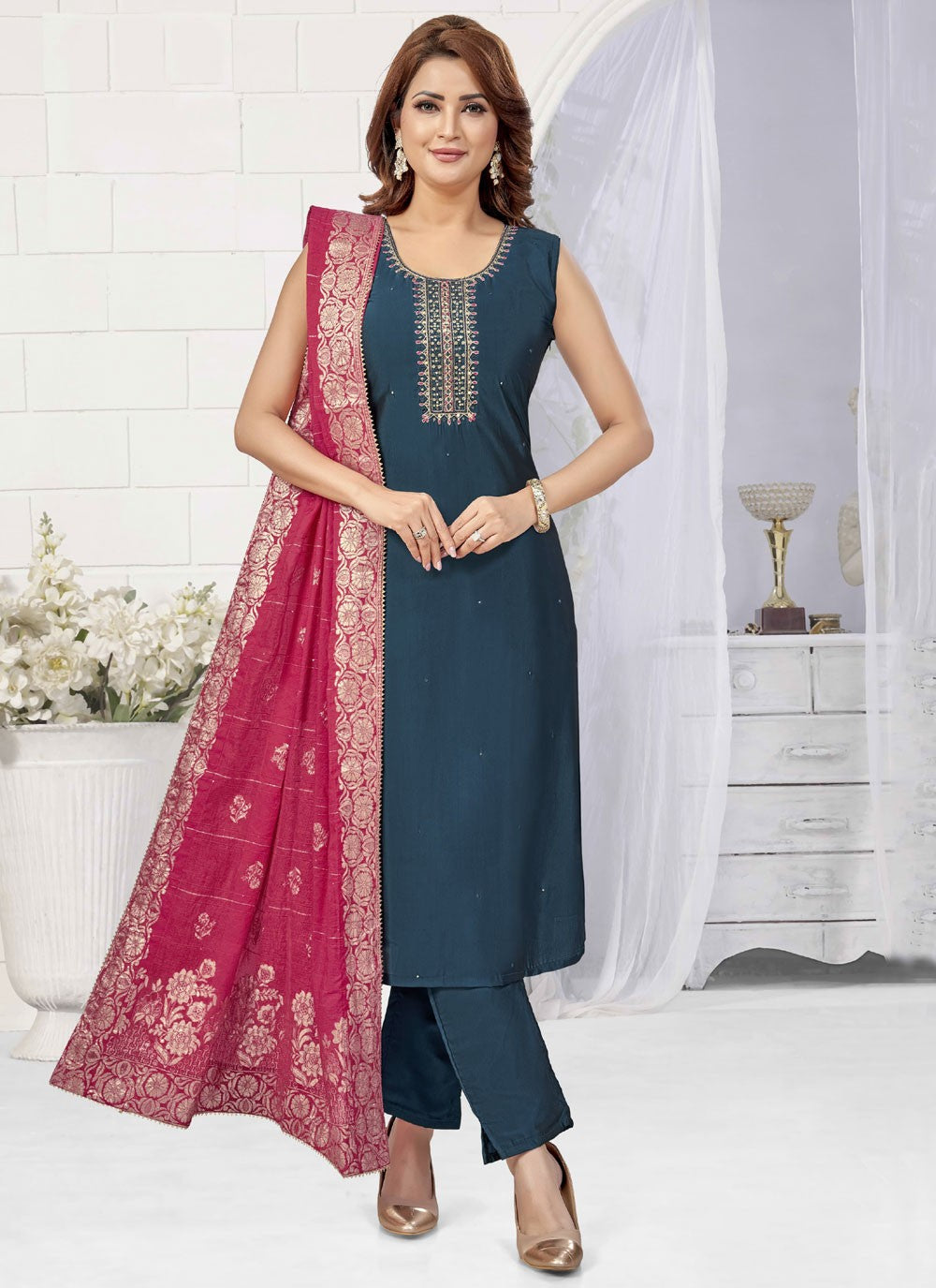 Pant Style Suit Embroidered, Zari Navy Blue T7615