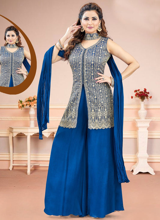 Salwar Suit Embroidered Navy Blue Silk T5847
