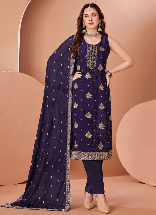 Pant Style Suit Embroidered, Zari Navy Blue T7438
