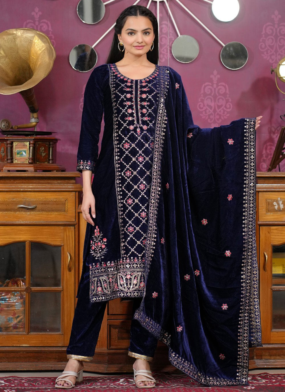Salwar Suit Embroidered Navy Blue Velvet T5082