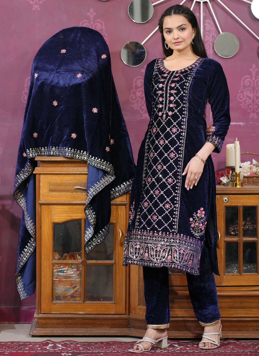 Salwar Suit Embroidered Navy Blue Velvet T5082