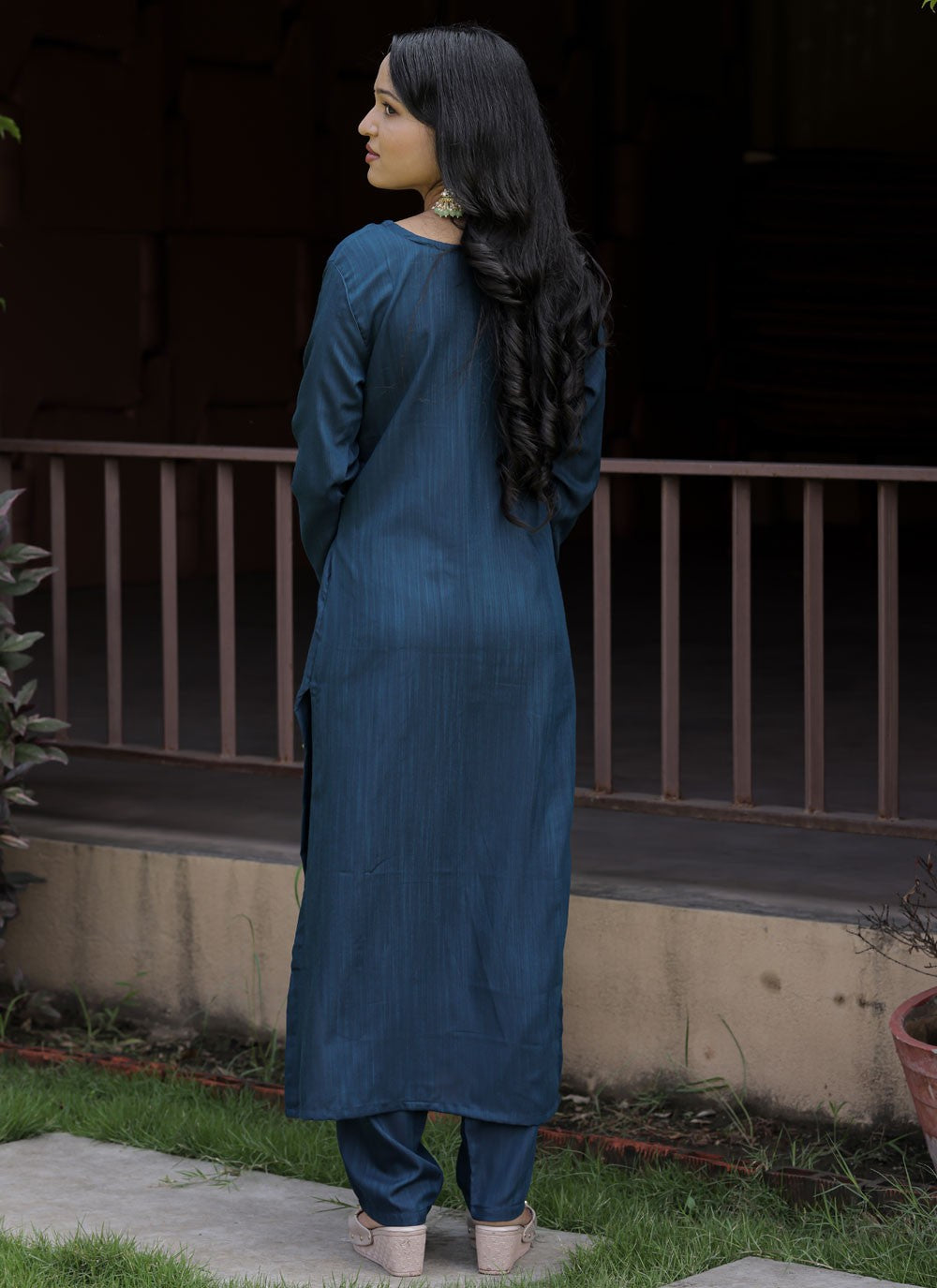 Salwar Suit Embroidered Navy Blue Viscose T5736