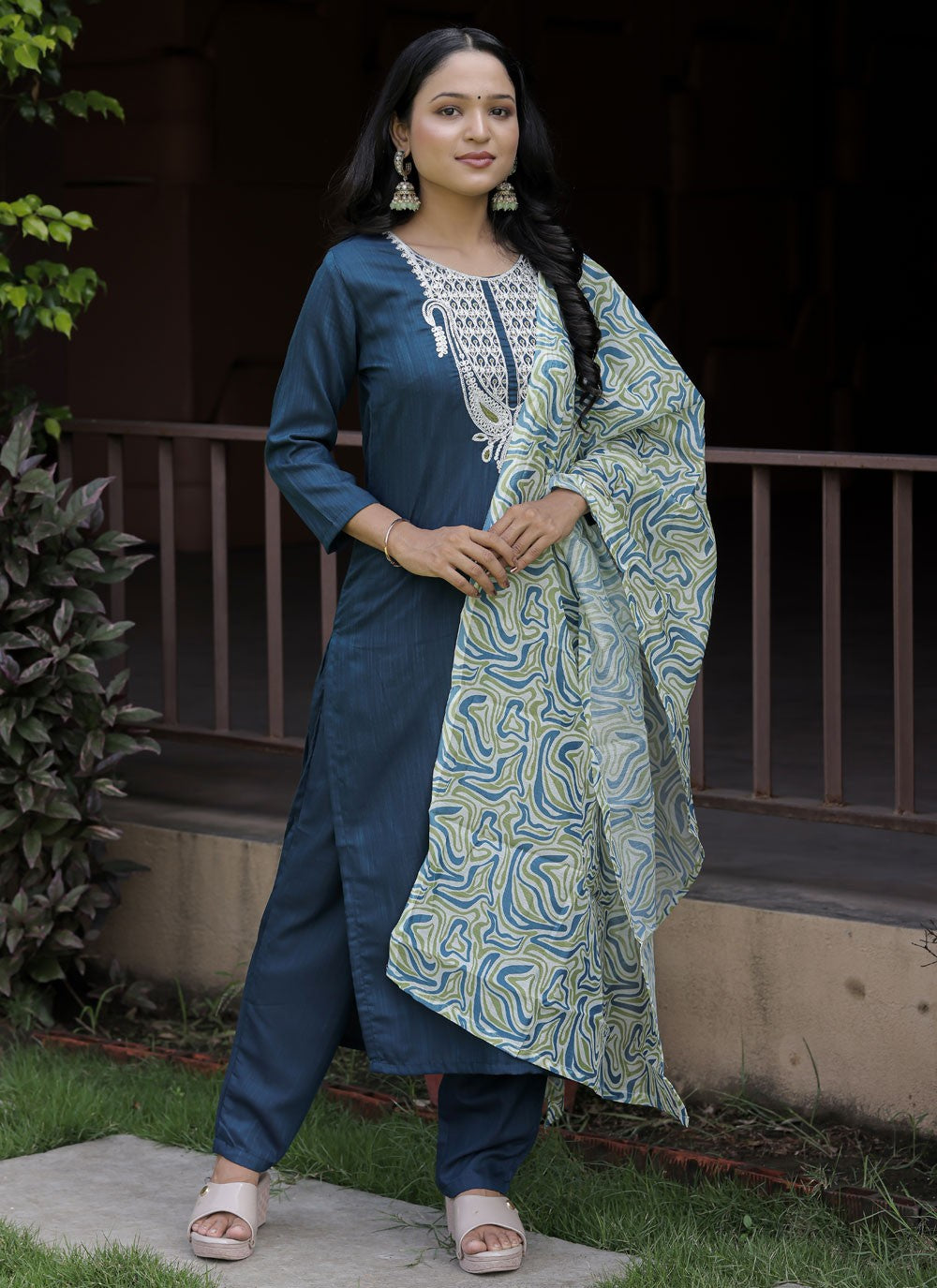 Salwar Suit Embroidered Navy Blue Viscose T5736