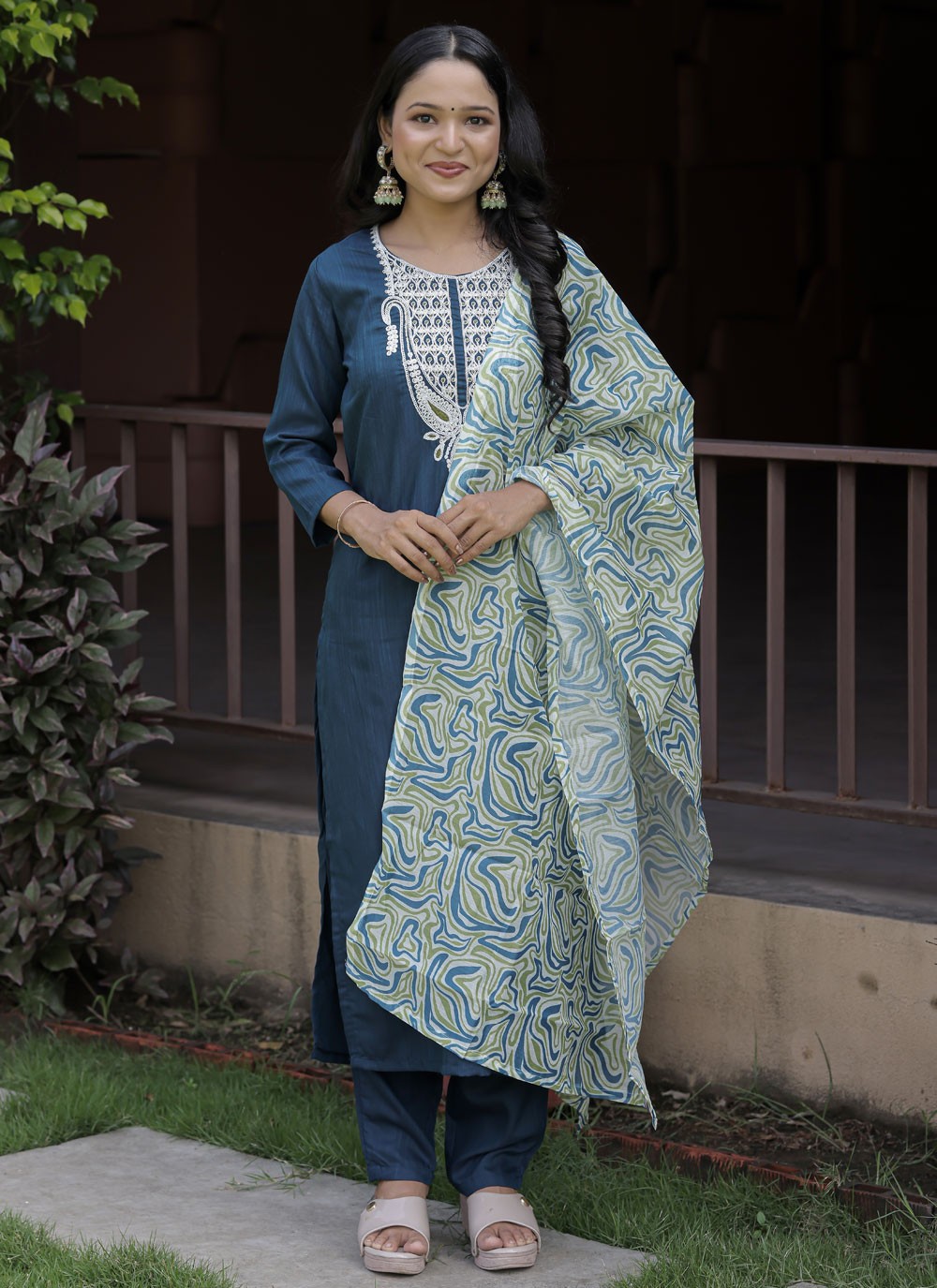Salwar Suit Embroidered Navy Blue Viscose T5736