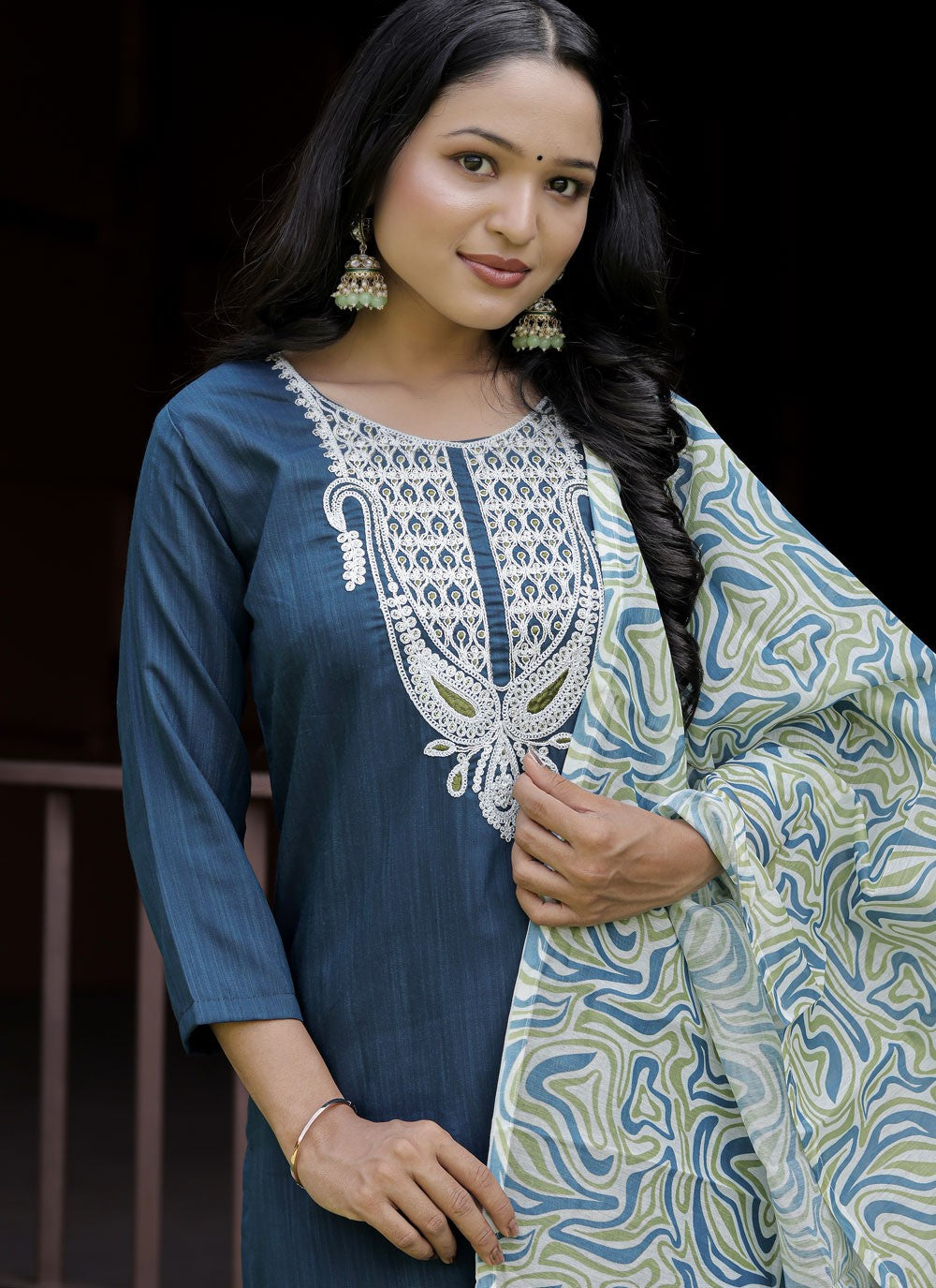 Salwar Suit Embroidered Navy Blue Viscose T5736