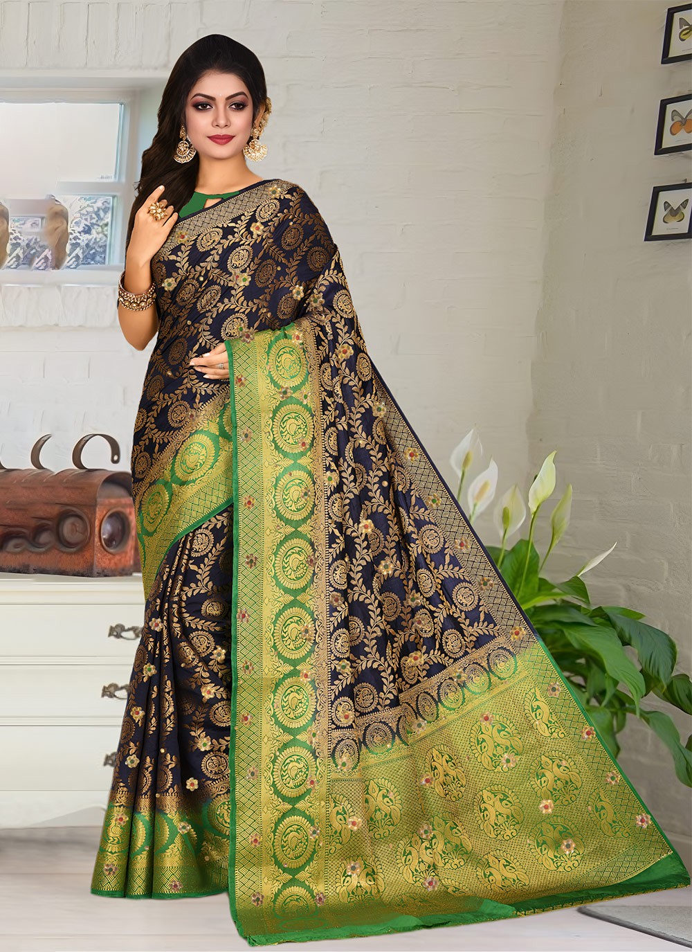 Hand Embroidery Kanjivaram Silk Navy Blue Saree S13755