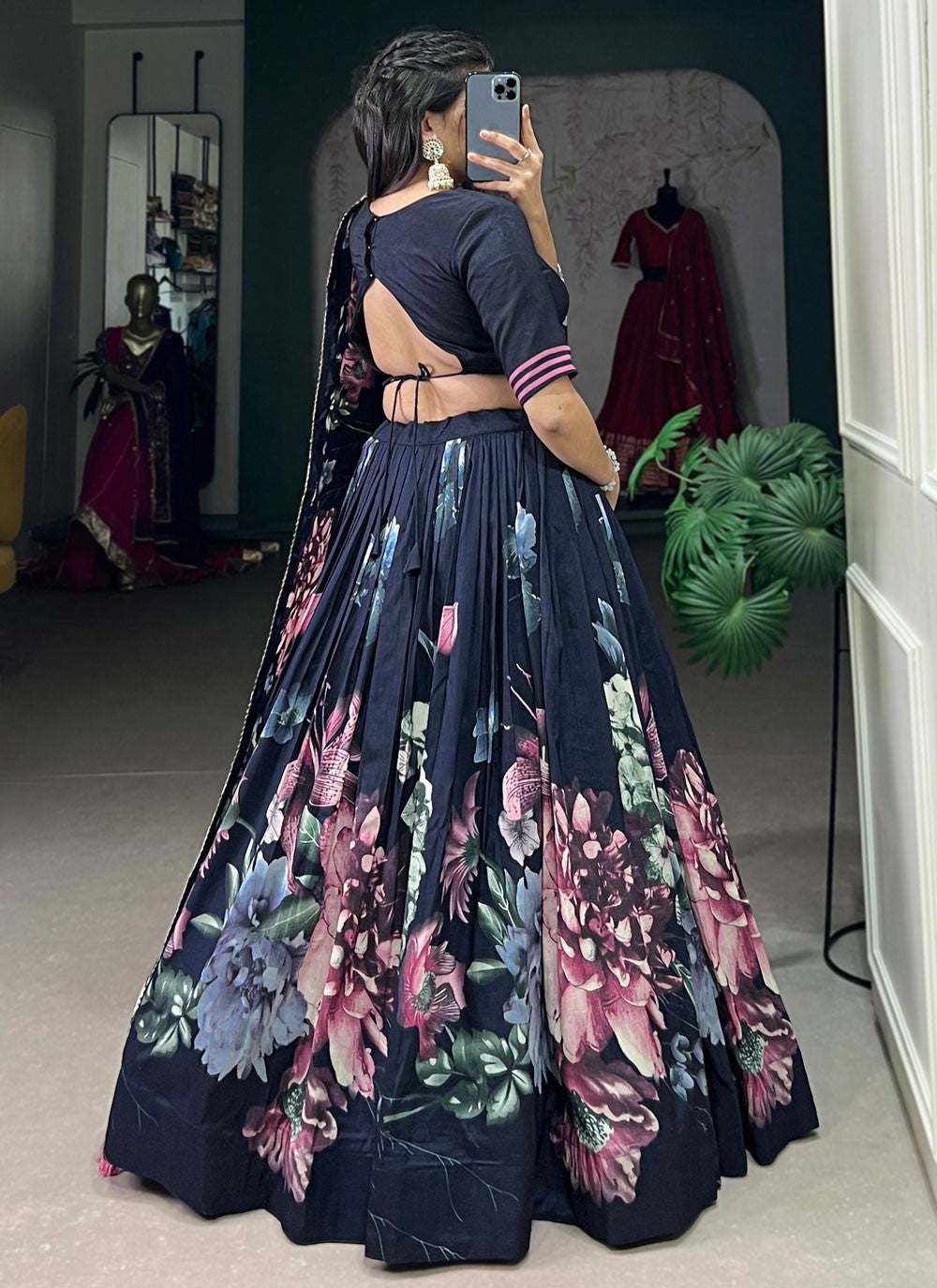 Floral Printed Tussar Silk A - Line Lehenga - L2573