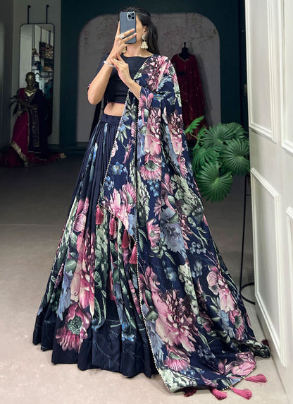 Floral Printed Tussar Silk A - Line Lehenga - L2573