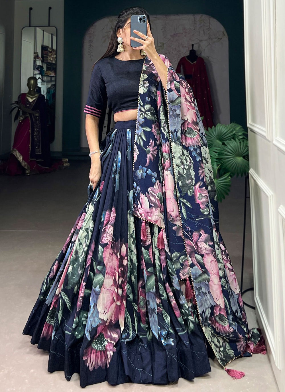 Floral Printed Tussar Silk A - Line Lehenga - L2573