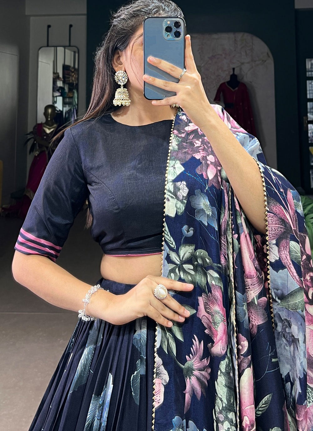 Floral Printed Tussar Silk A - Line Lehenga - L2573