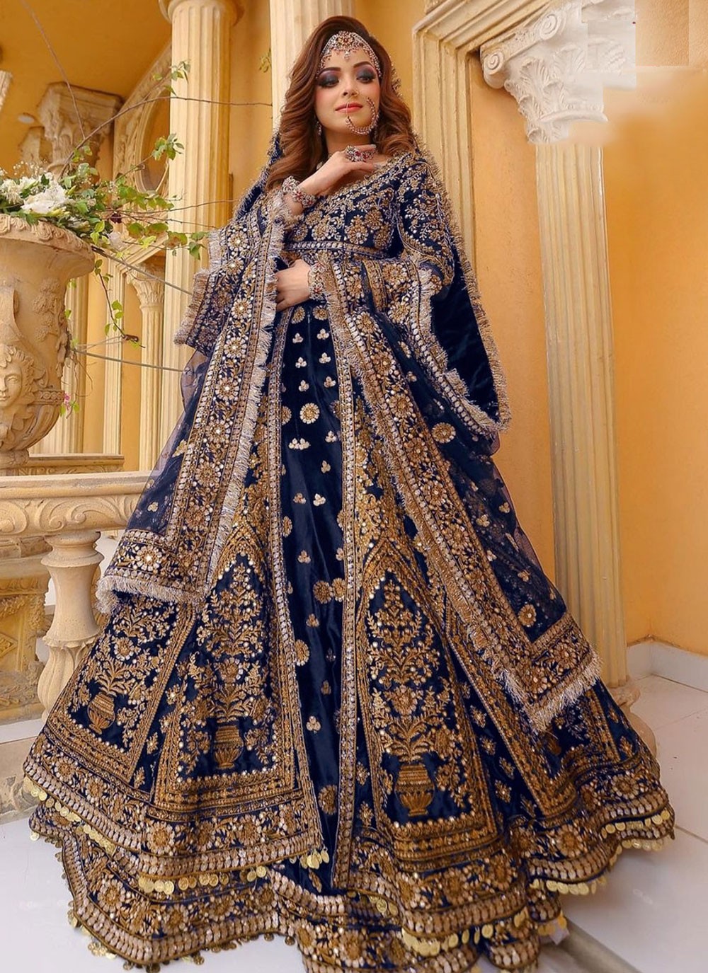 Embroidered Velvet Navy Blue A - Line Lehenga  L3757