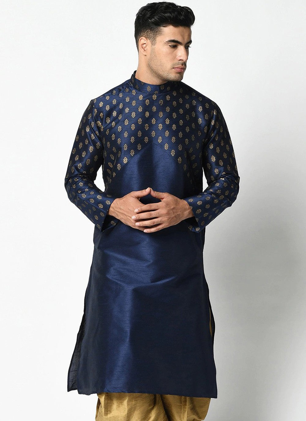 Weaving Zari Dupion Silk Navy Blue Kurta - M2277