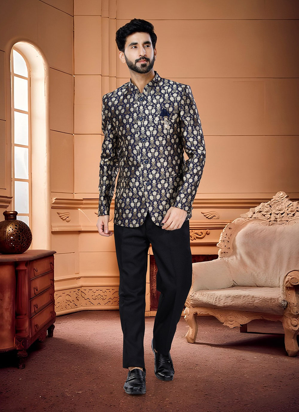 Fancy Work Jacquard Navy Blue Jodhpuri Suit - M4345