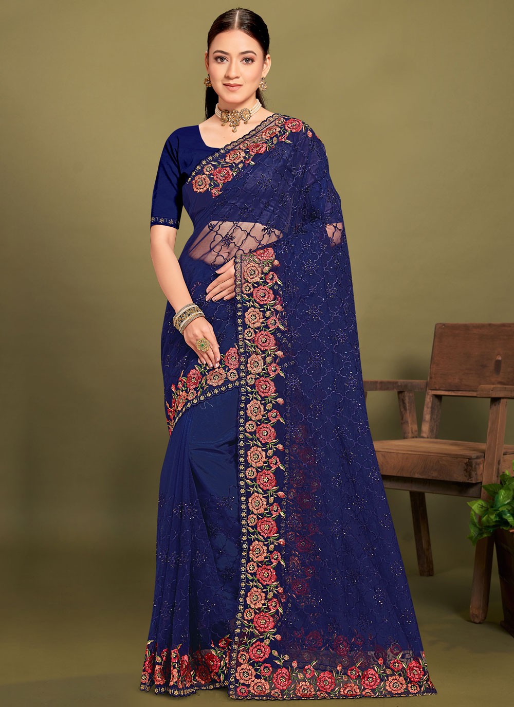 Cut Work Net Navy Blue Saree S14463