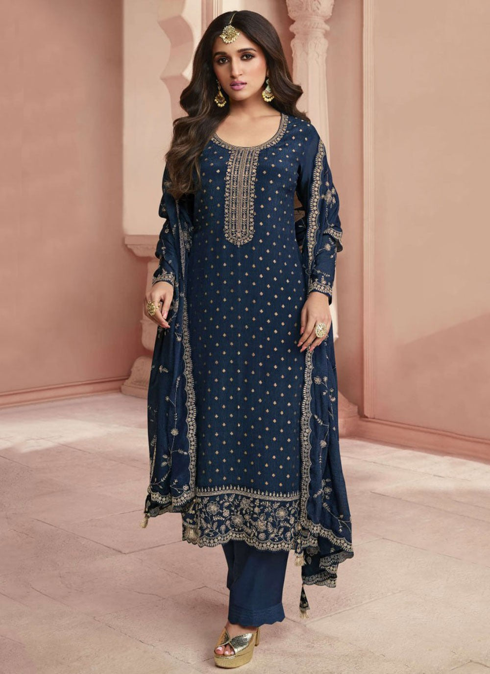 Embroidered Jacquard Silk Pant Style Suit - T4596