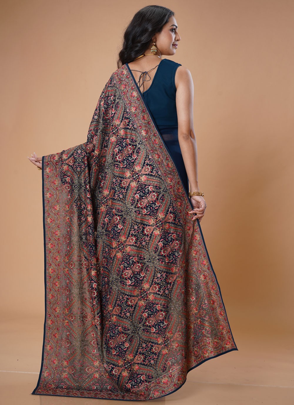 Embroidered Georgette Navy Blue Designer Saree S15472