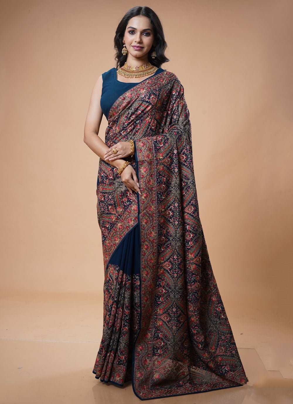 Embroidered Georgette Navy Blue Designer Saree S15472
