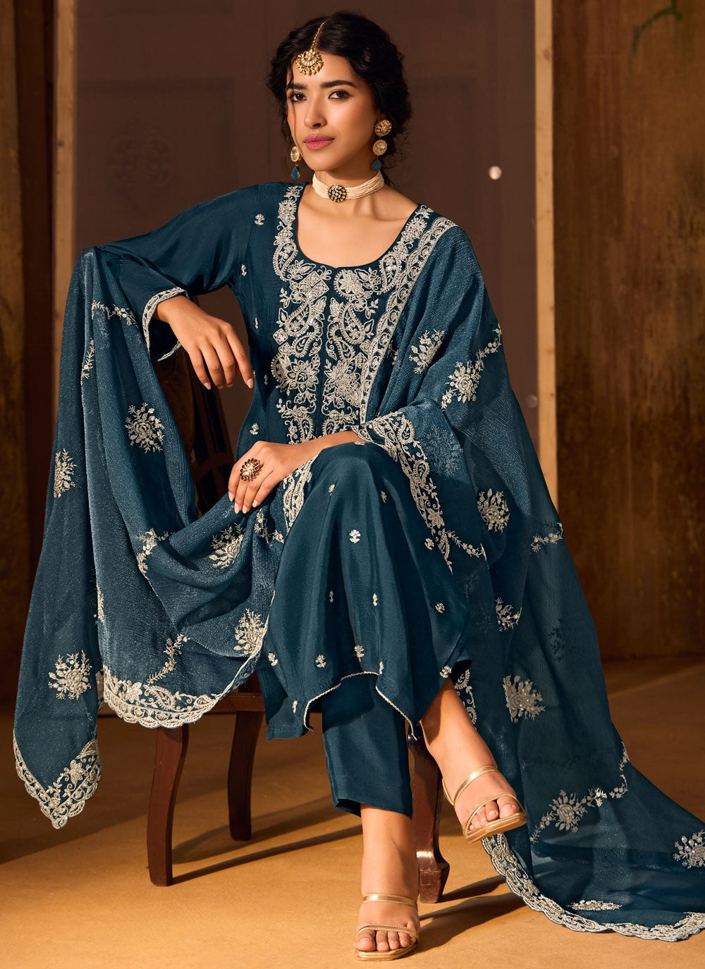 Pant Style Suit Embroidered Navy Blue Silk T5557
