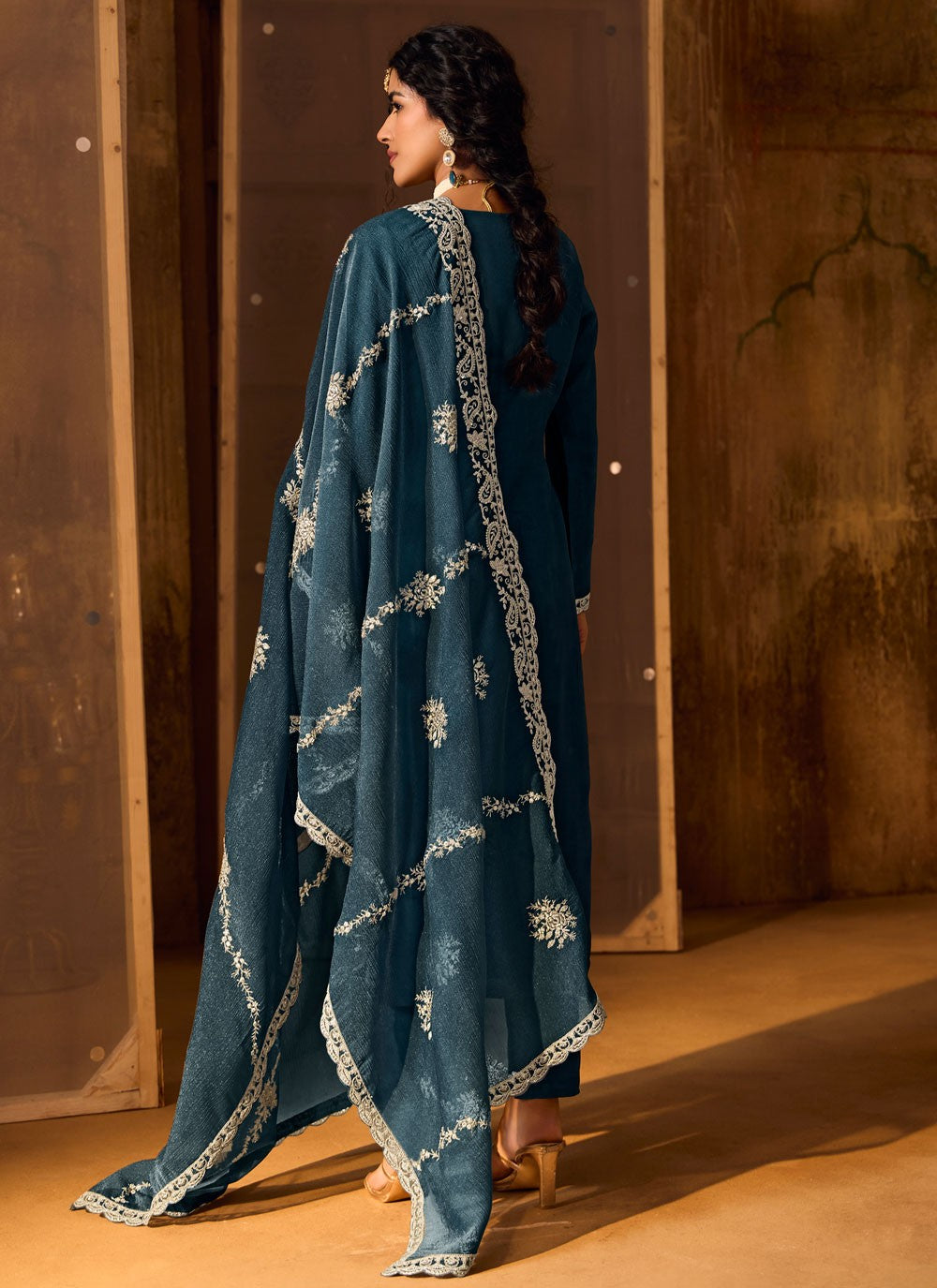 Pant Style Suit Embroidered Navy Blue Silk T5557