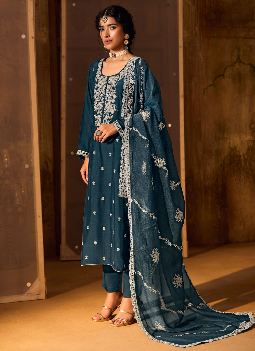 Pant Style Suit Embroidered Navy Blue Silk T5557
