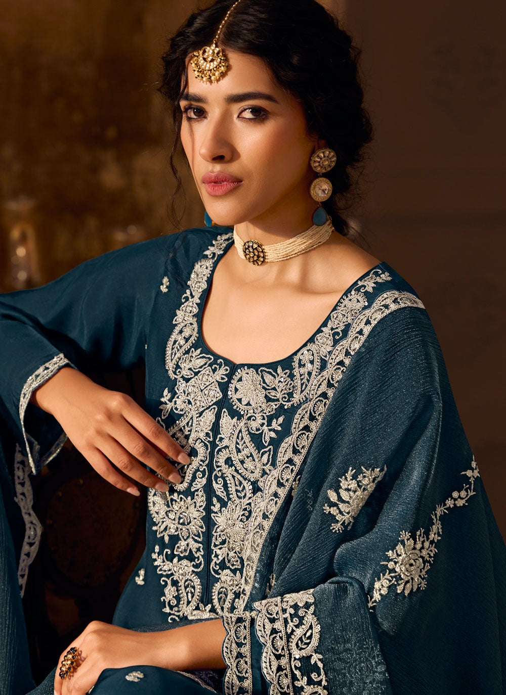 Pant Style Suit Embroidered Navy Blue Silk T5557