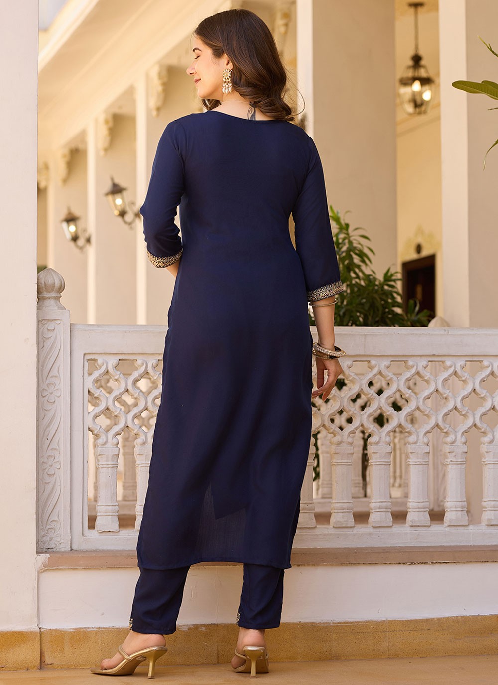 Embroidered Rayon Navy Blue Pant Style Suit T6395