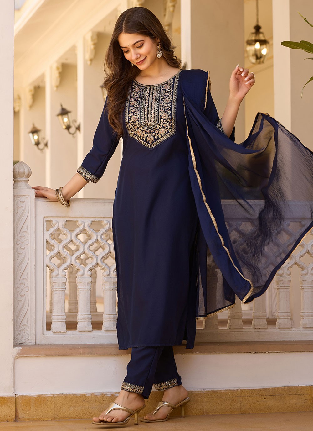 Embroidered Rayon Navy Blue Pant Style Suit T6395