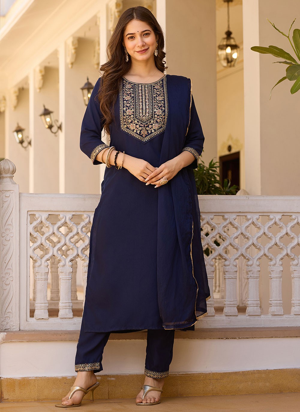 Embroidered Rayon Navy Blue Pant Style Suit T6395
