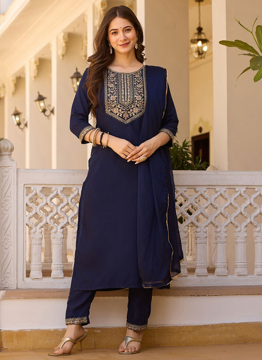 Embroidered Rayon Navy Blue Pant Style Suit T6395