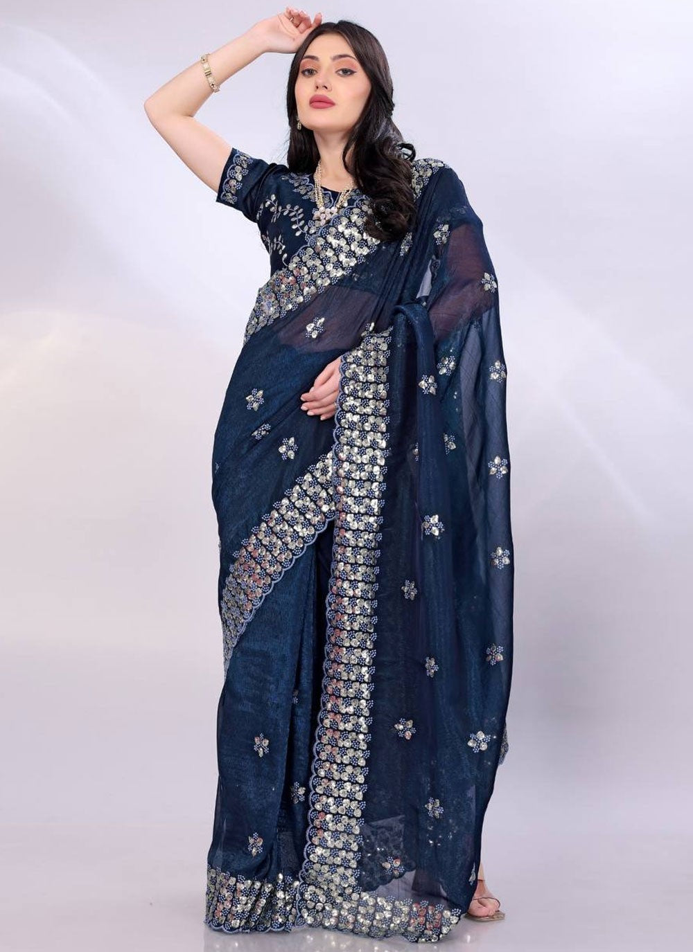 Classic Saree Cut Work Navy Blue Tussar Silk Saree S13726