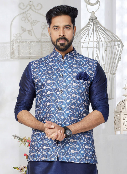 Digital Print Cotton Blue Nehru Jackets - M7405