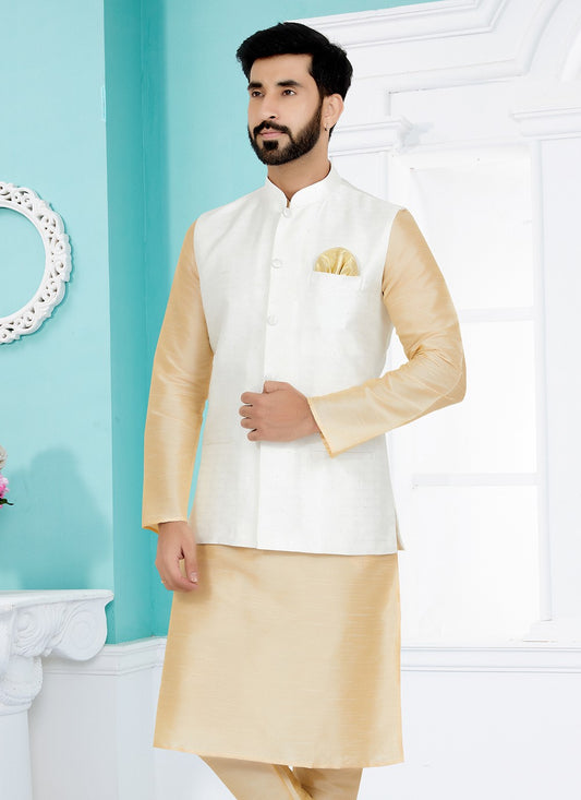 Plain Jacquard White Nehru Jackets - M7506