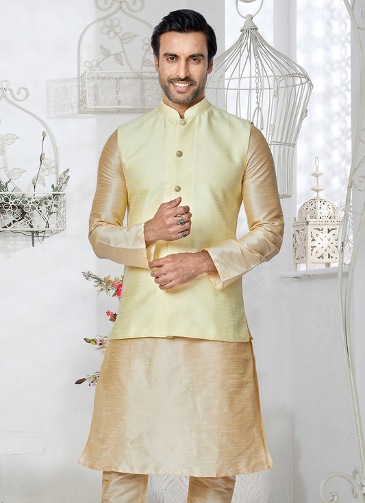Plain Jacquard Yellow Nehru Jackets - M7508