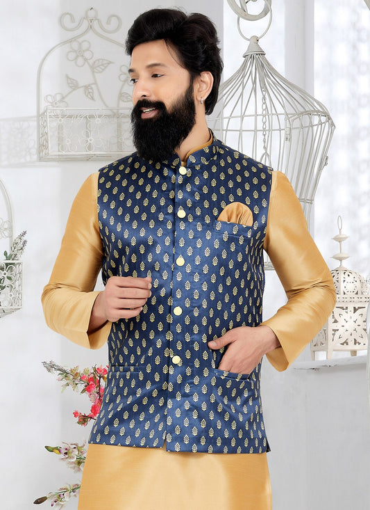 Printed Banarasi Silk Navy Blue Nehru Jackets - M7495