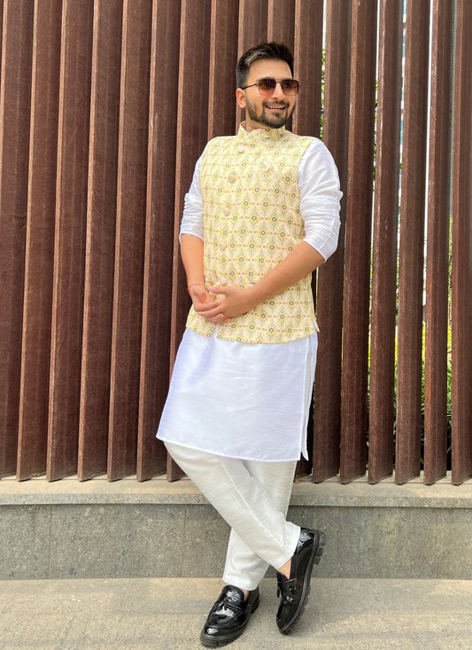 Printed Cotton Yellow Nehru Jackets - M5147