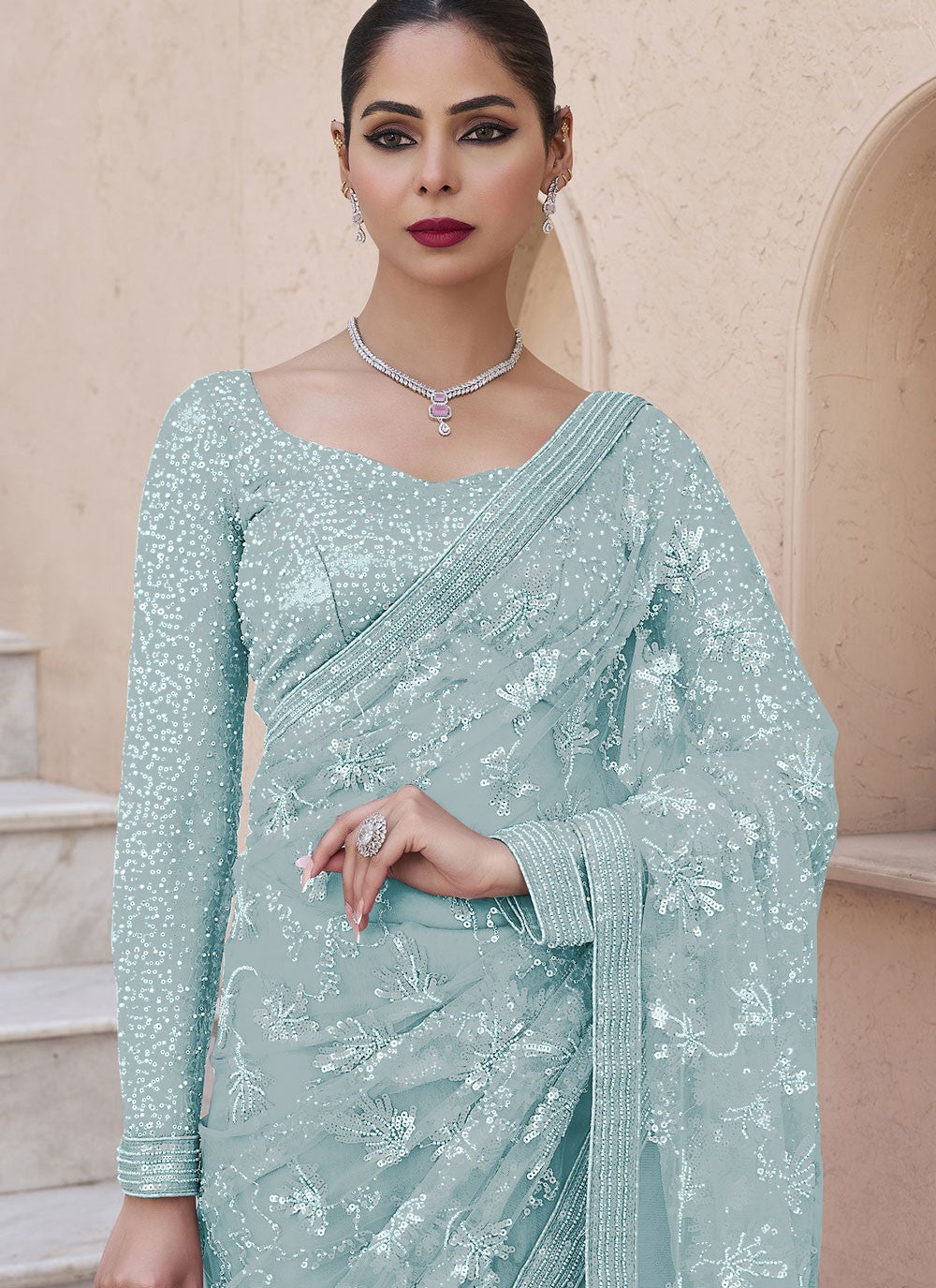 Beads Net Aqua Blue Saree S13934