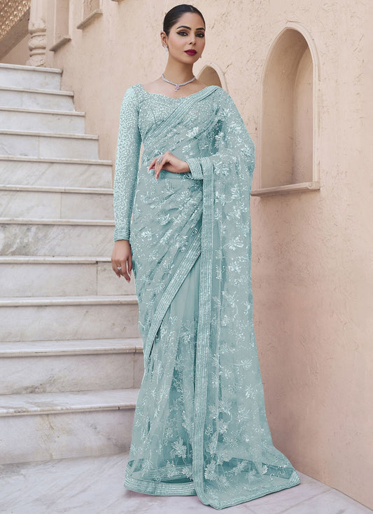 Beads Net Aqua Blue Saree S13934