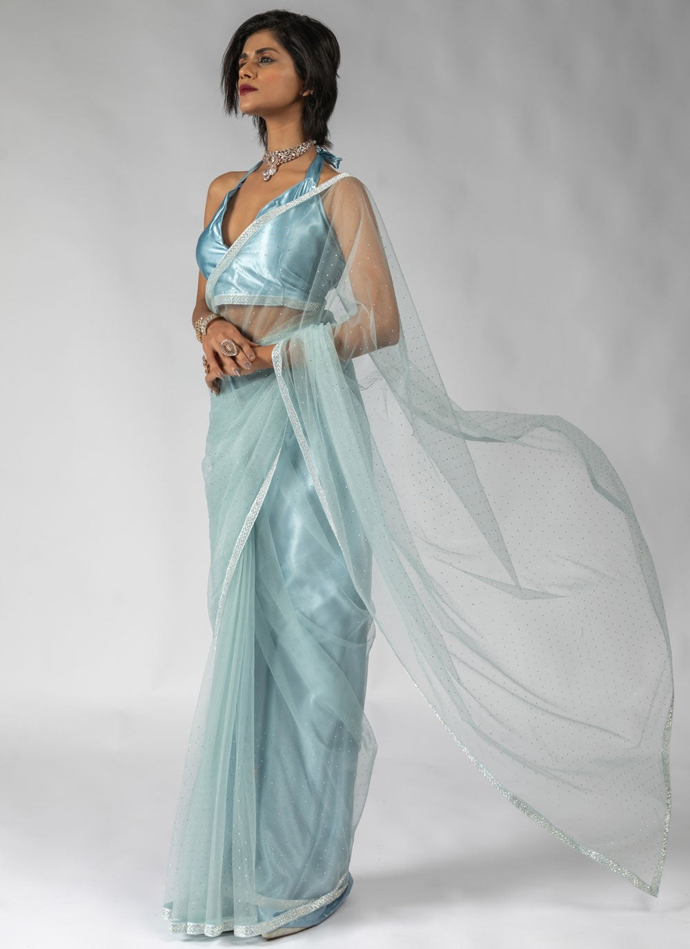 Lace Net Aqua Blue Designer Saree S15605