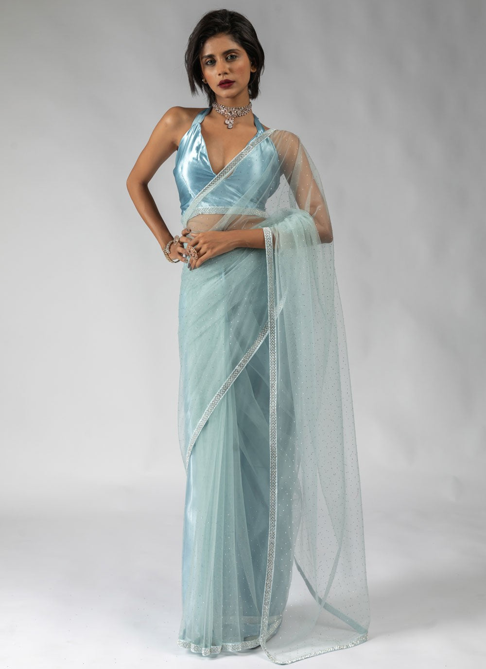 Lace Net Aqua Blue Designer Saree S15605