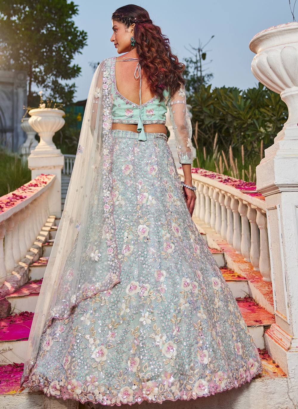 Embroidered Net Aqua Blue Lehenga - L3360
