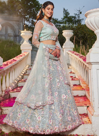 Embroidered Net Aqua Blue Lehenga - L3360