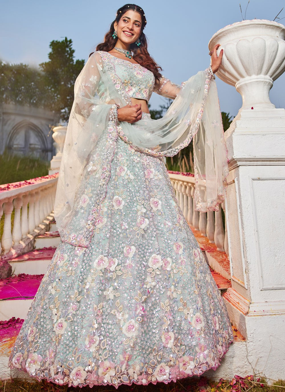 Embroidered Net Aqua Blue Lehenga - L3360