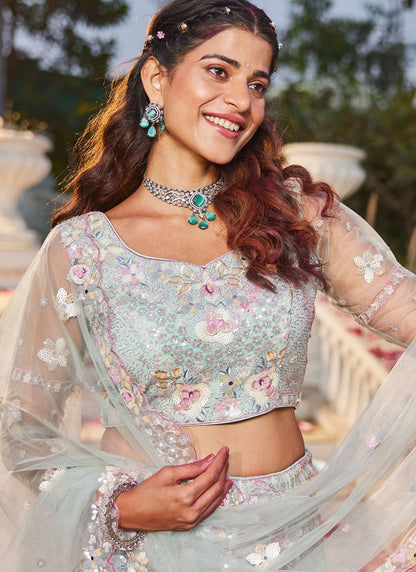 Embroidered Net Aqua Blue Lehenga - L3360