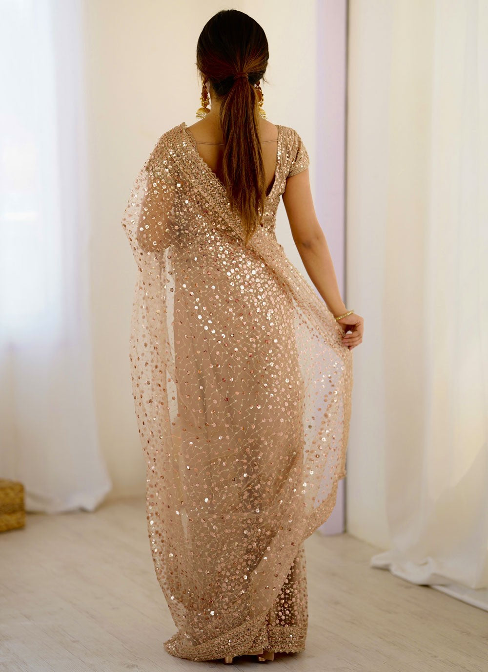Beige Net Classic Saree Sequins, Thread S16668