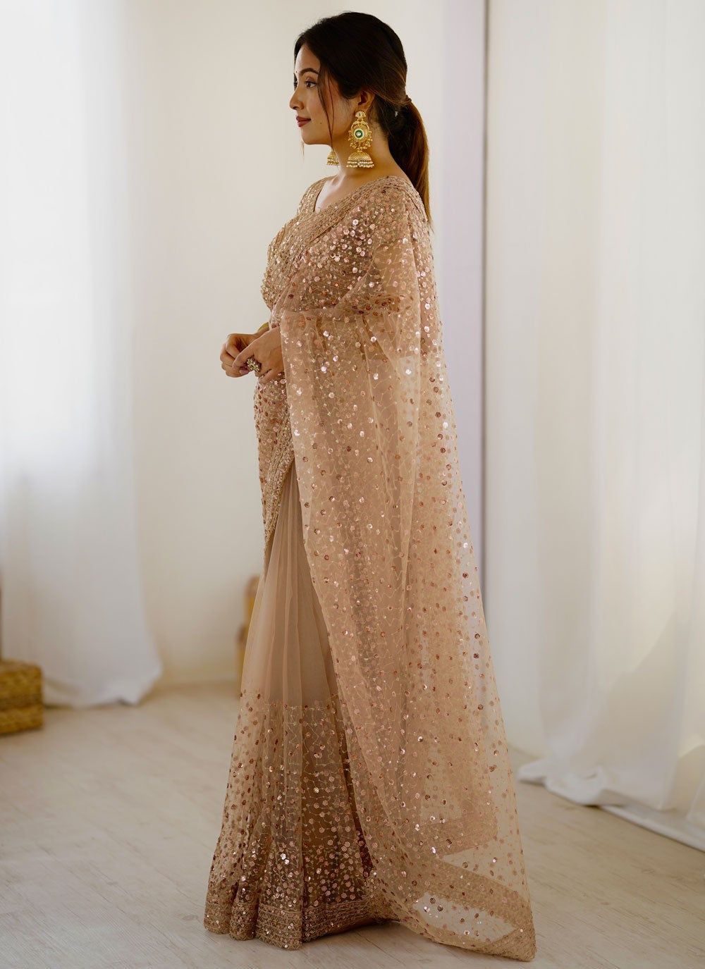 Beige Net Classic Saree Sequins, Thread S16668