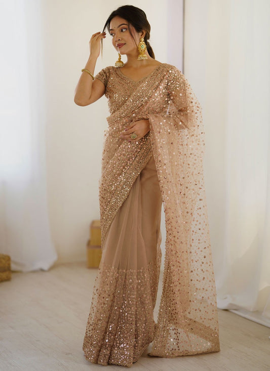 Beige Net Classic Saree Sequins, Thread S16668