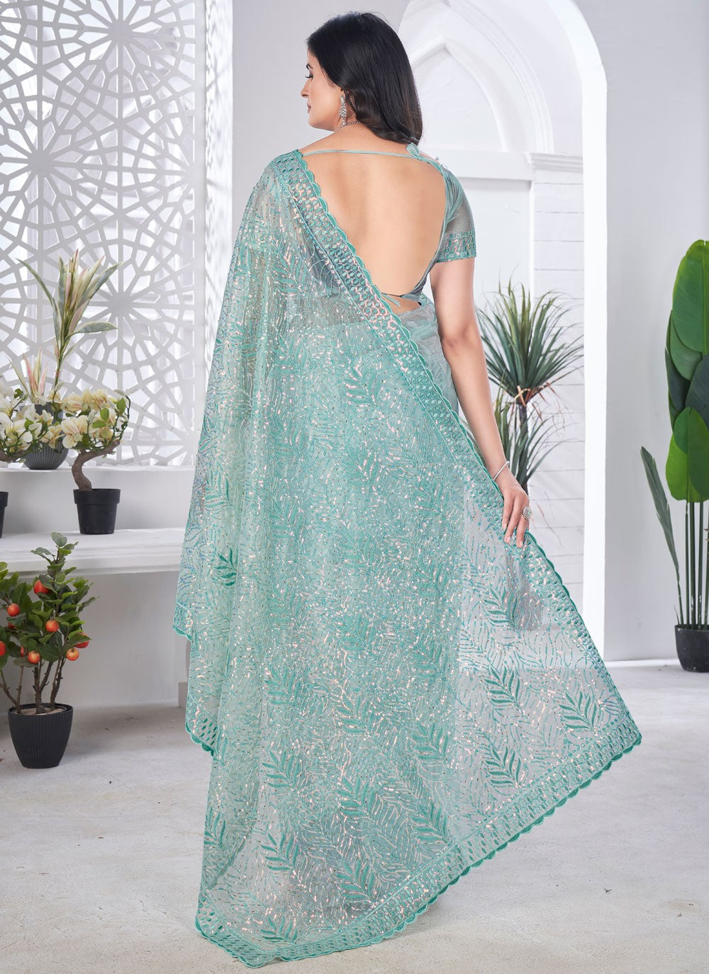 Cut Work Net Blue Designer Saree S15588
